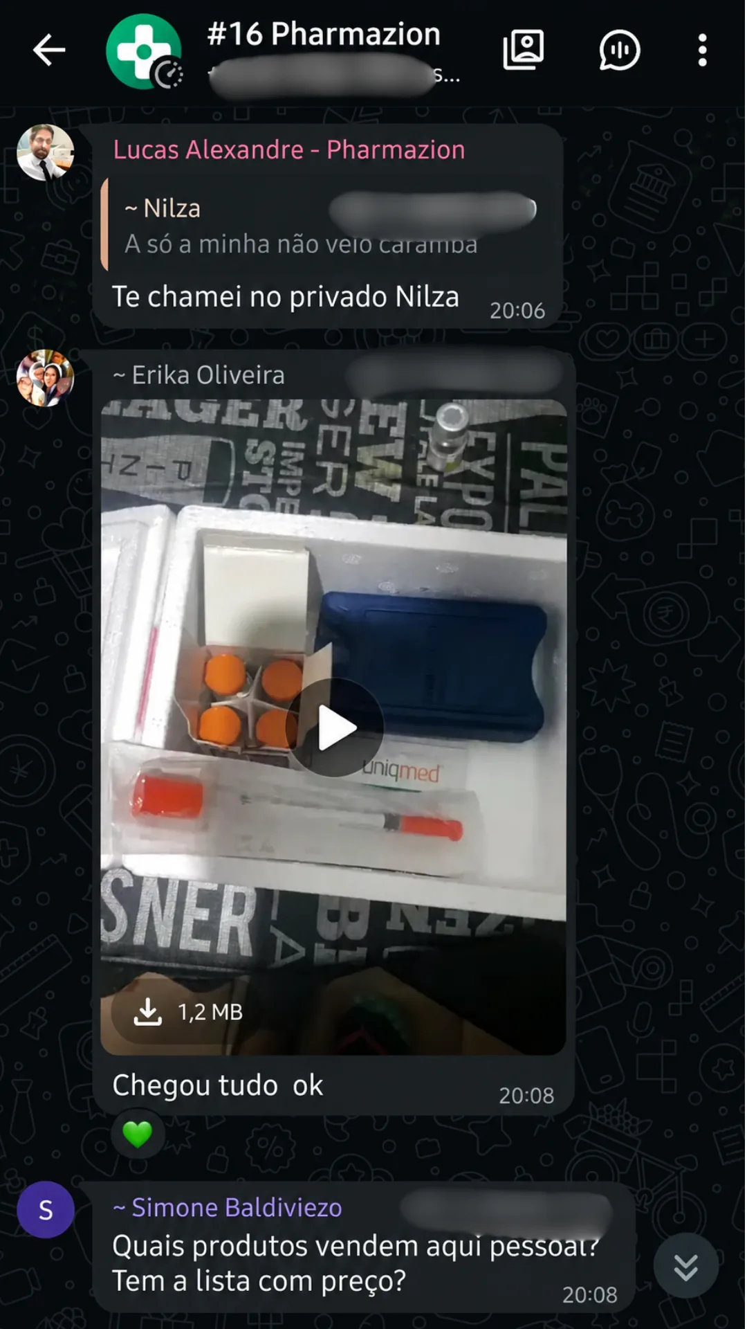 Conversa do grupo com cliente confirmando o recebimento